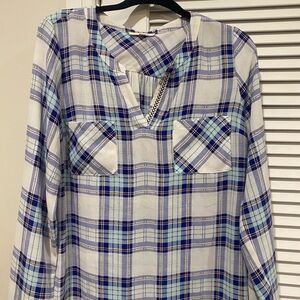 Blue and White Plaid Long Sleeve Blouse